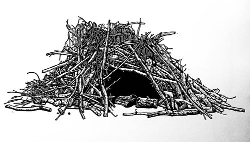 Forest Shelter (mono) linocut print by Ieuan Edwards