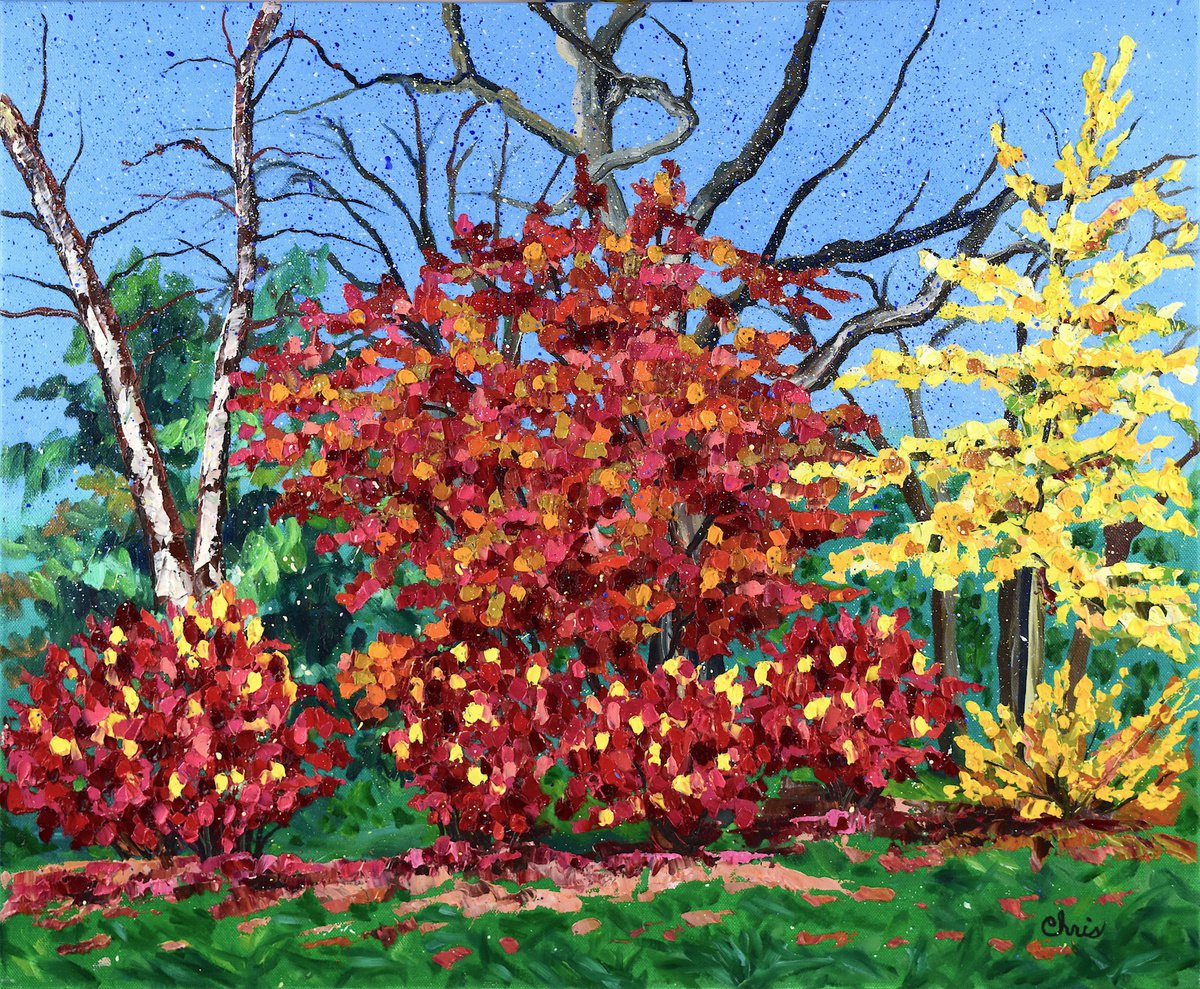 Impressionistic Landscape Oil Painting By Christina M Plichta, 30 X 26, Smokebush With Ginkgo & Burning Bush, Original Artwork