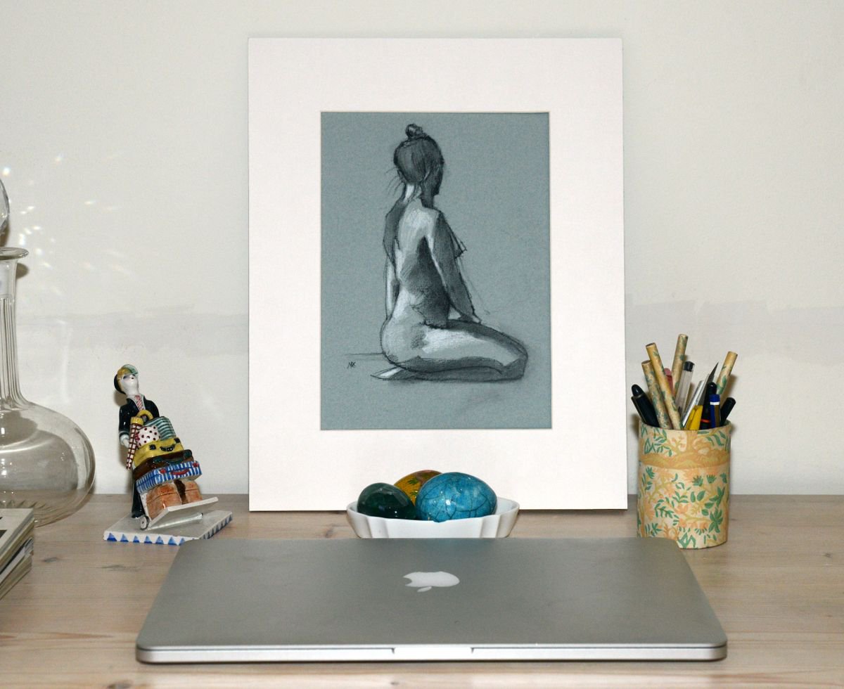 Portrait Drawing By Isabel Hutchison, 12 X 15, Life Drawing Of Kneeling Girl, Original Artwork