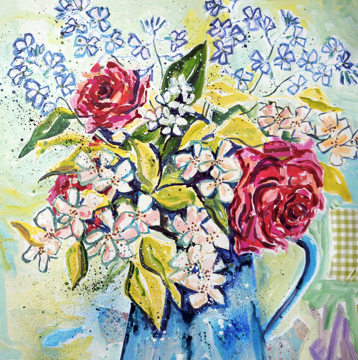 Summer flowers in a blue jug by Julia Rigby