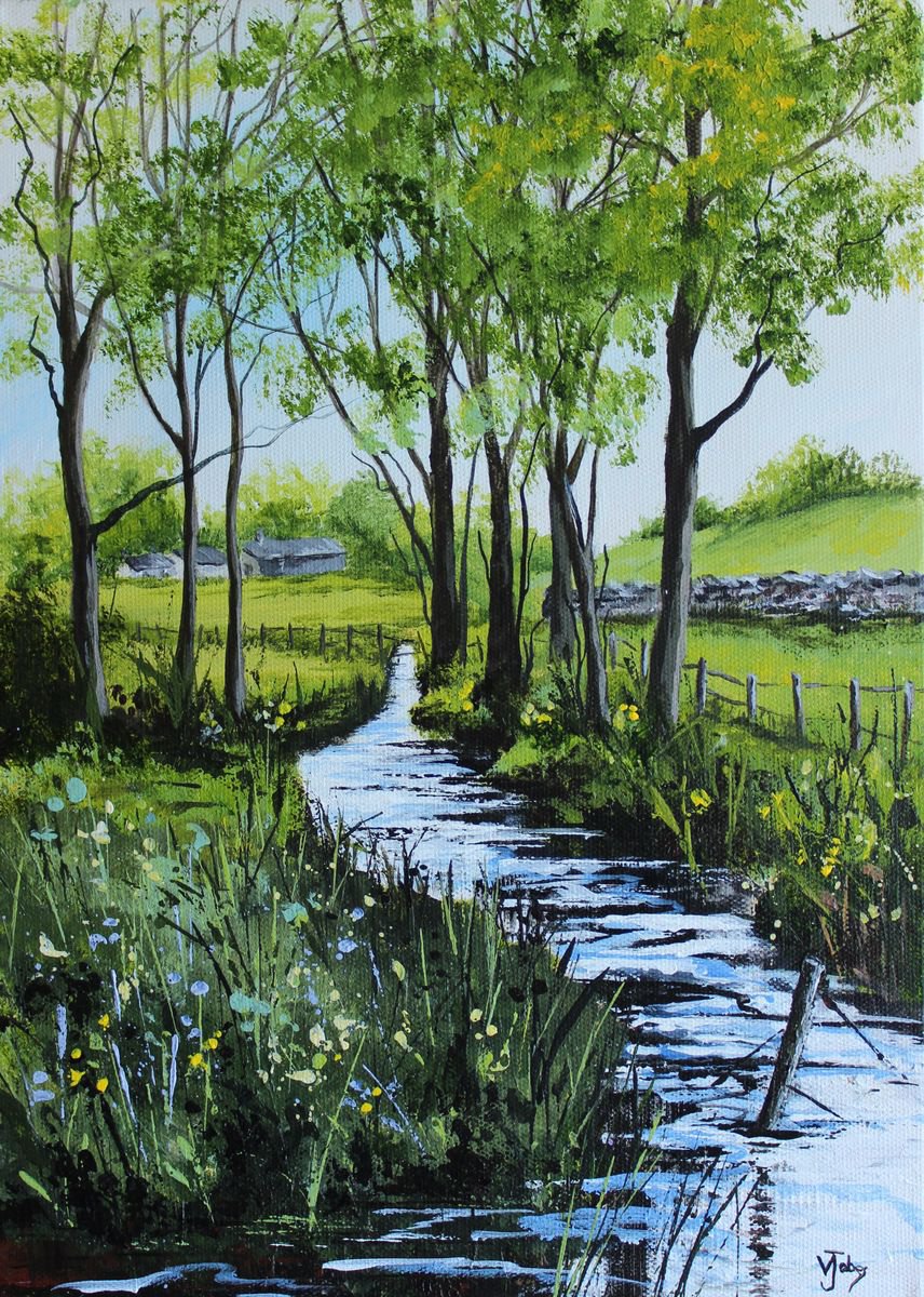 Impressionistic Landscape Acrylic Painting By Valerie Jobes, 10 X 14", Walking By The Stream, Original Artwork