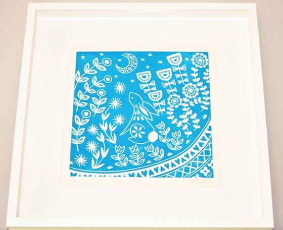 Evelyn Bunny in teal, limited edition, Scandinavian Folk art, linocut print