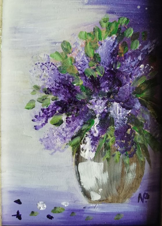 Lilac, small flower framed acrylic painting, original gift idea