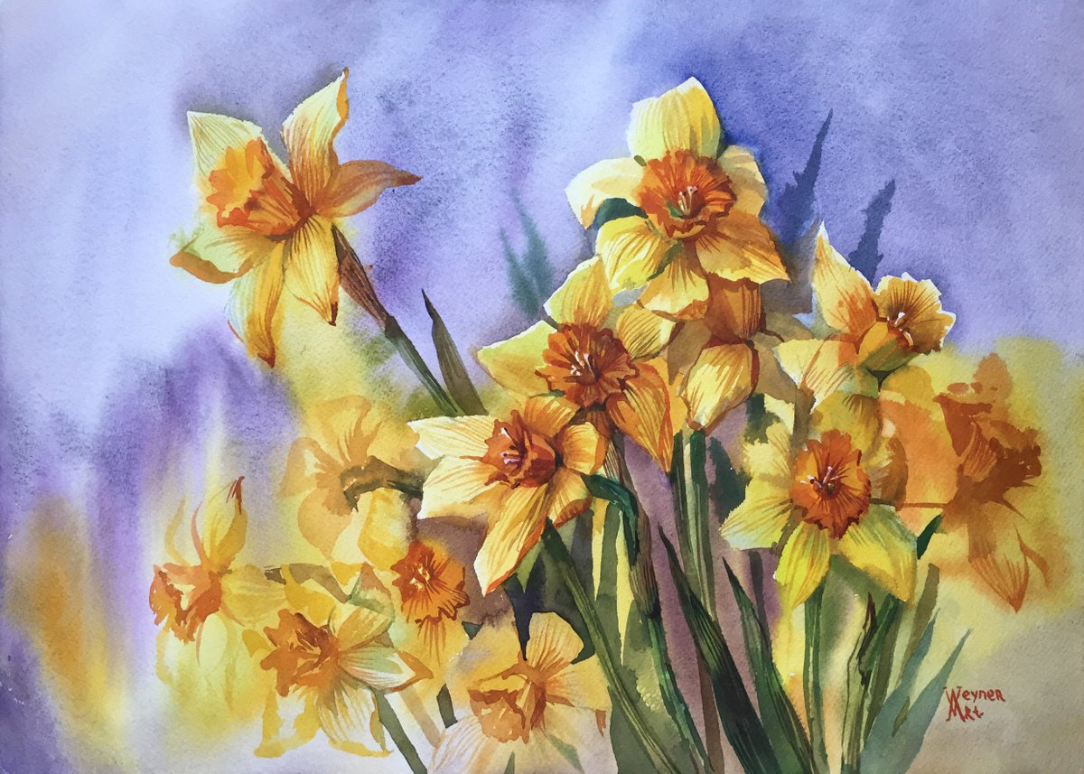 Bouquet of daffodils. Spring flowers. Botanical painting. by Natalia Veyner