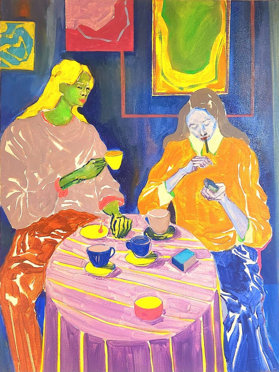 Expressive Portrait Oil Painting By Anahita Amouzegar, 18 X 24, At The Corner Cafe, Original Artwork