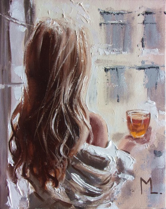 " BREAKFAST TEA "   liGHt  ORIGINAL OIL PAINTING, GIFT, PALETTE KNIFE