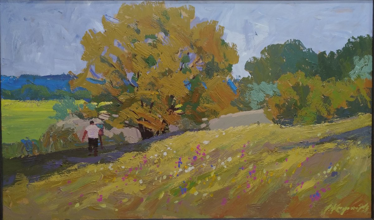 Impressionistic Landscape Acrylic Painting By Sergey Kachin, 39 X 24", In The Open Air, Original Artwork