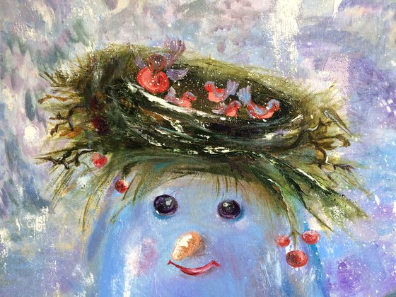 Snowman original oil painting - Nursery wall art - Winter gift idea