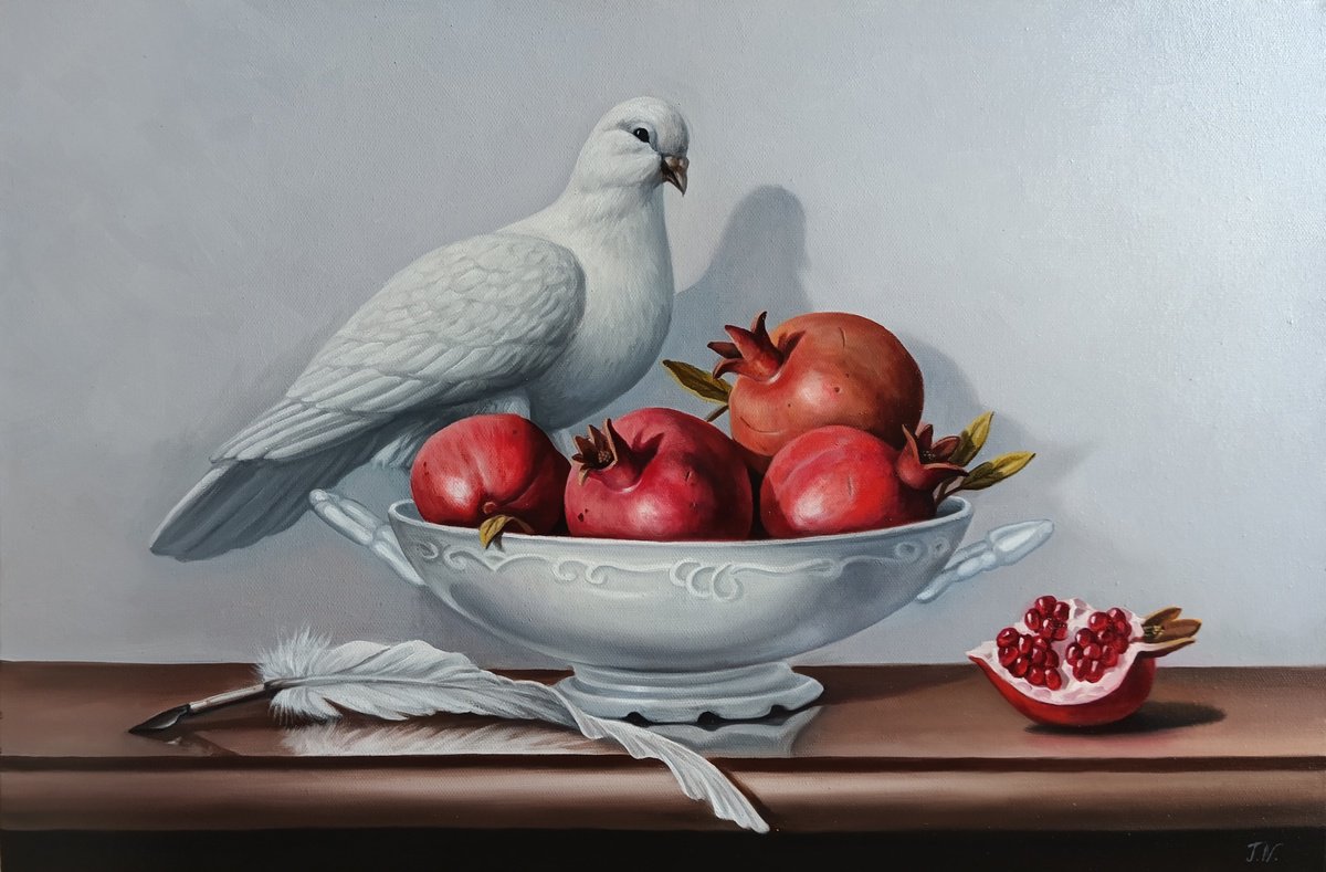 Photorealistic Still Life Oil Painting By Tamar Nazaryan, 24 X 16", Still Life With Pomegranates And Dove, Original Artwork