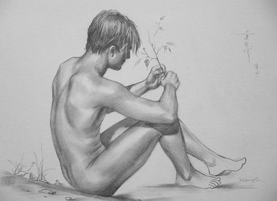 original art charcoal drawing  male  nude outdoor on paper #16-10-9