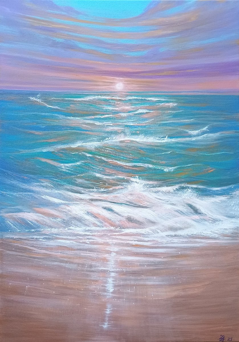 Landscape Acrylic Painting By Zoe Adams, 17 X 24", Sunset Seascape., Original Artwork