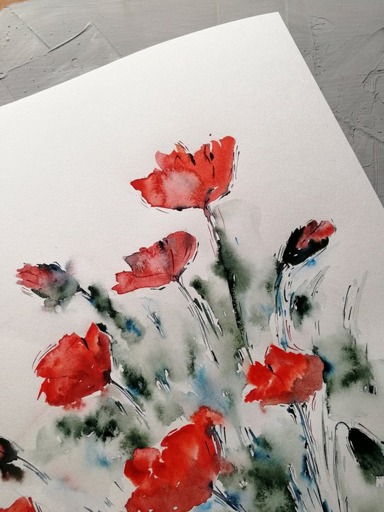 Red poppy painting. Wildflowers