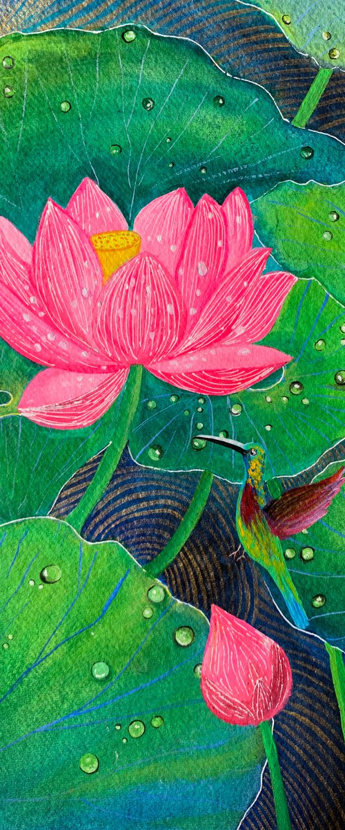 Lotus and Hummingbird ! A3 size Painting on Indian handmade paper by Amita Dand