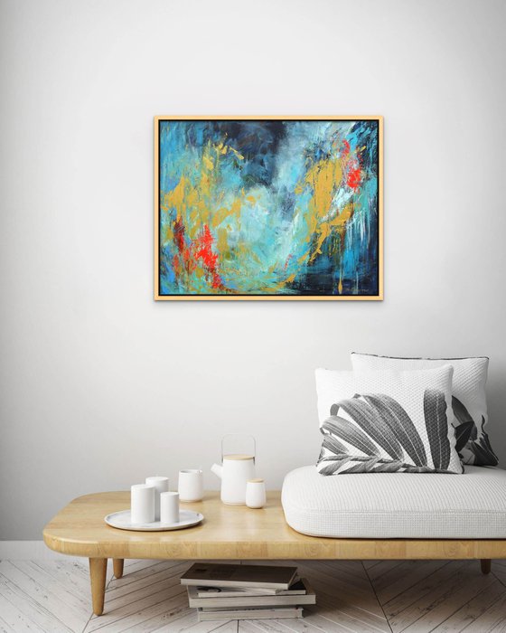 BALANCE OF INFINITY. Navy Blue, Teal, Gold, Red Contemporary Abstract Acrylic Painting, Modern Art