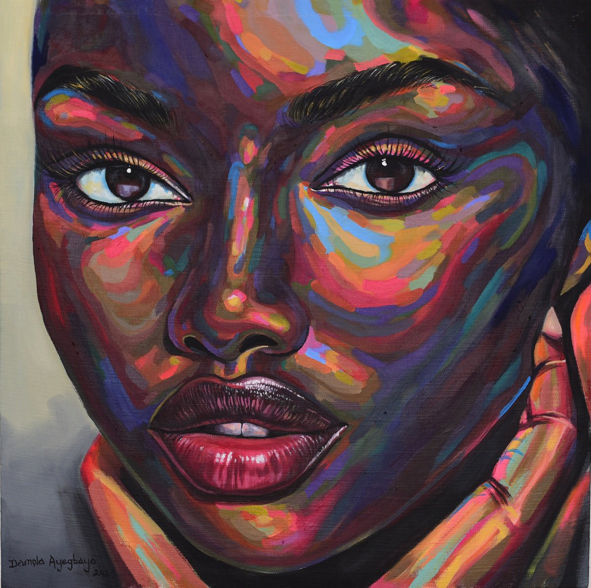 Expressive Portrait Acrylic Painting By Damola Ayegbayo, 30 X 30, Date Of Mind 13, Original Artwork