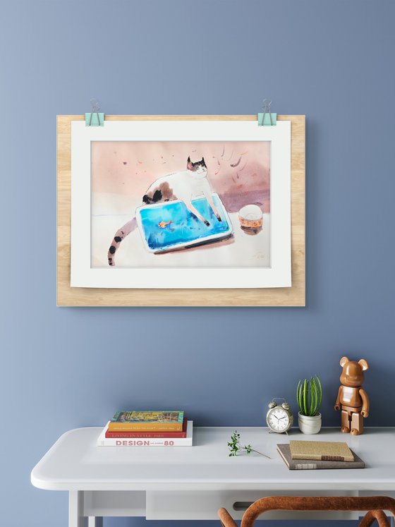 Cat and Fish Illustration