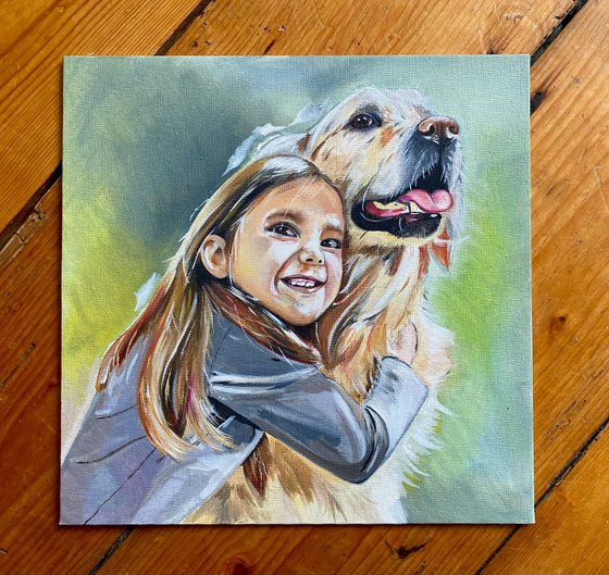 Girl with dog oil painting