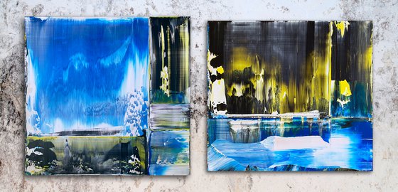 "Cold Front" - Save As A Series - Original PMS Abstract Acrylic Painting Diptych On Recycled Wooden Desk Panels - 54" x 26"