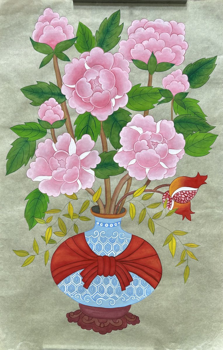 Botanical Painting By Sun-Hee Jung, 19 X 30", Pink Peony Bouquet, Original Artwork