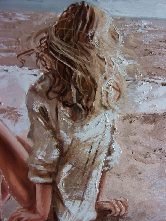 " MY PLACE ... "- 70x50 GIRL SEA liGHt  ORIGINAL OIL PAINTING, GIFT, PALETTE KNIFE