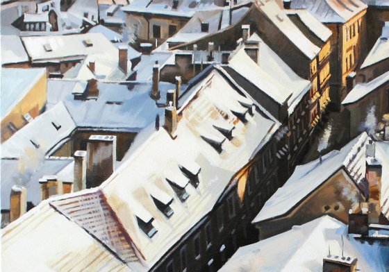 Winter roofs of old Prague