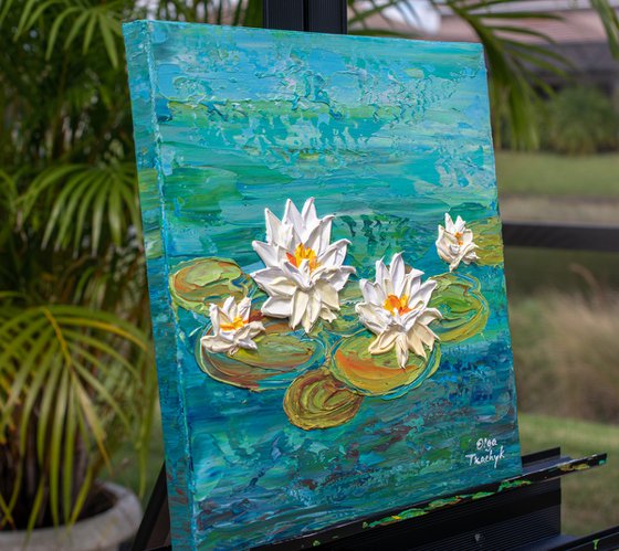Water Lily Lake - Impasto Floral Art, Palette Knife Painting
