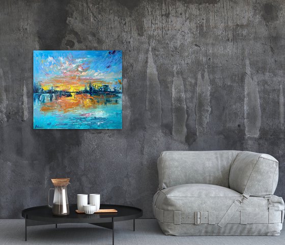 Sunset - Big city never sleeps, 70*80cm, impressionistic landscape oil painting in orange and turquoise