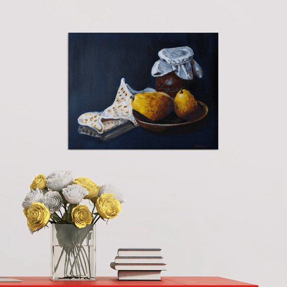 Yellow pears - modern still life with pears and ancient pot.