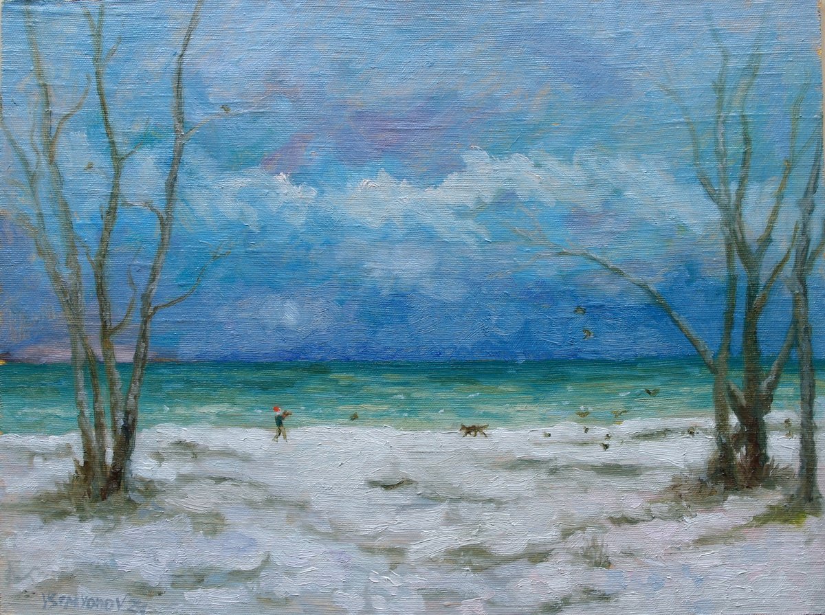 Impressionistic Landscape Oil Painting By Juri Semjonov, 16 X 12", Winter Walk With A Dog, Original Artwork