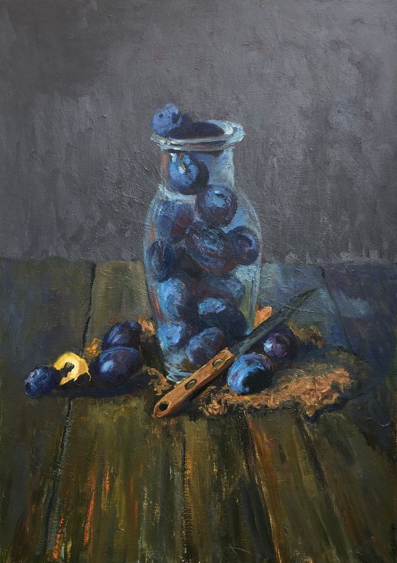 Plums oil painting, still life, Israeli Art