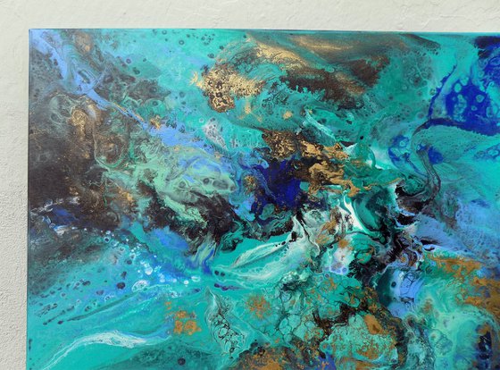 Modern abstract art blue green gold metallic painting ocean colors - Shimmer of the ocean