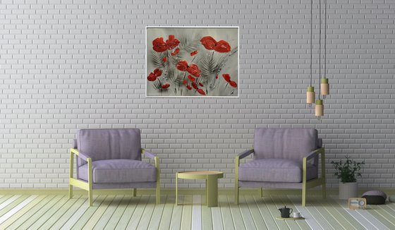 Red Blossoms II - framed abstract acrylic painting, deep structured, canvas wall art, black red flower painting ready to hang