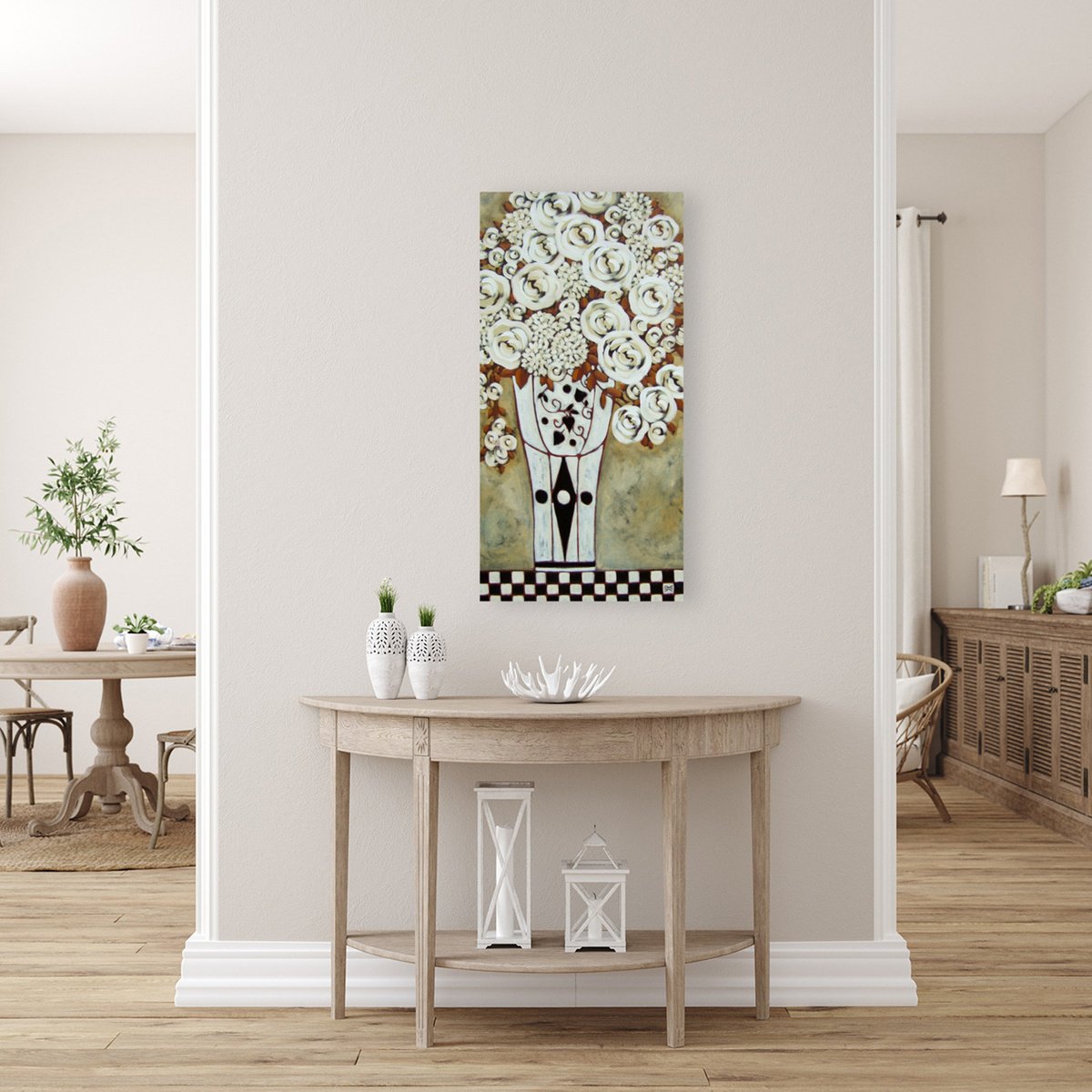 Impressionistic Still Life Oil Painting By Karen Rieger, 18 X 36", White Roses, Original Artwork