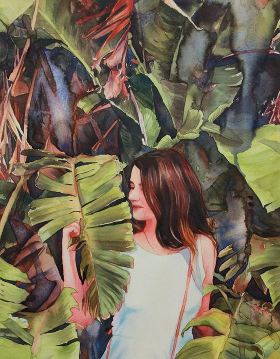 Girl in the tropics - watercolor painting realism, original gift, office decor, home interior, wall art