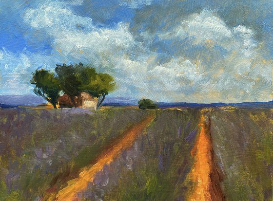 Original oil Impressionist Tuscany countryside lavender landscape.