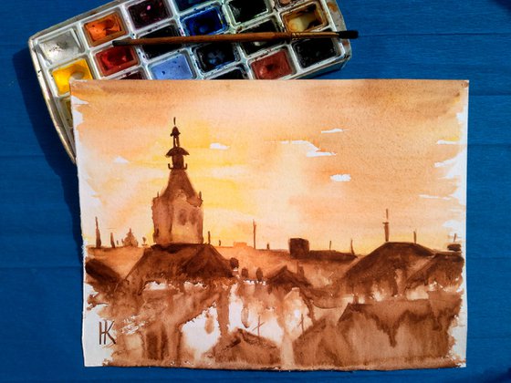 Lviv Painting Cityscape Original Art Ukraine Small Watercolor Artwork Home Wall Art 12 by 8" by Halyna Kirichenko