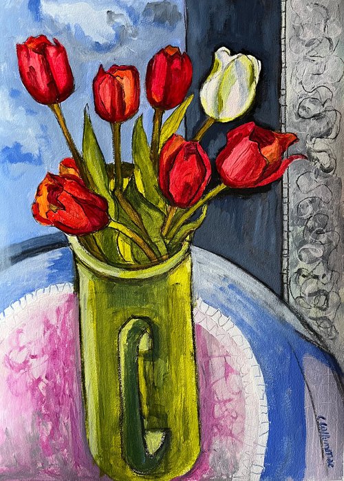 Blue Sky Red Tulips by Christine Callum  McInally