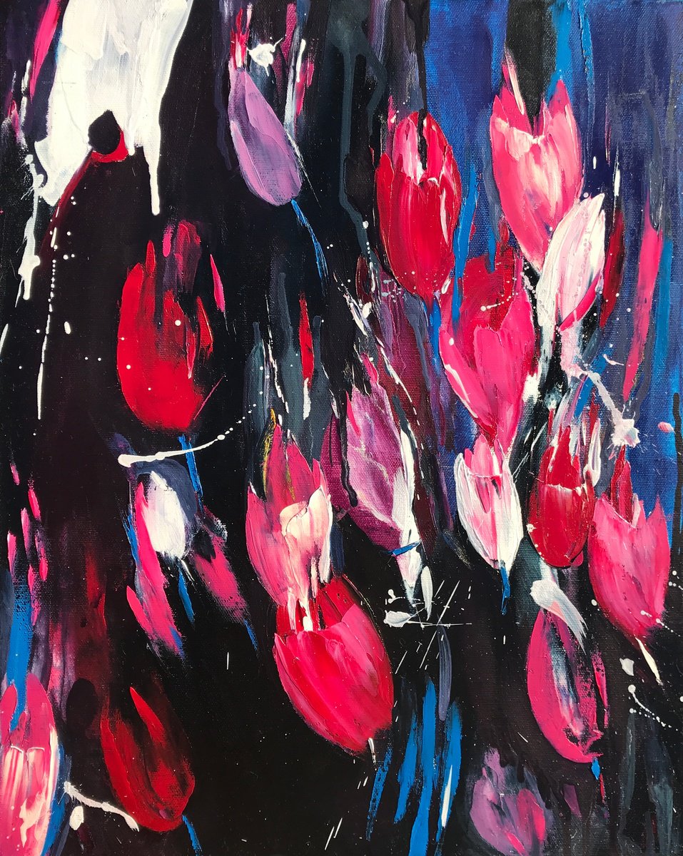 Abstract Botanical Oil Painting By Svitlana Andriichenko, 20 X 24", Tulips And Darkness, Original Artwork