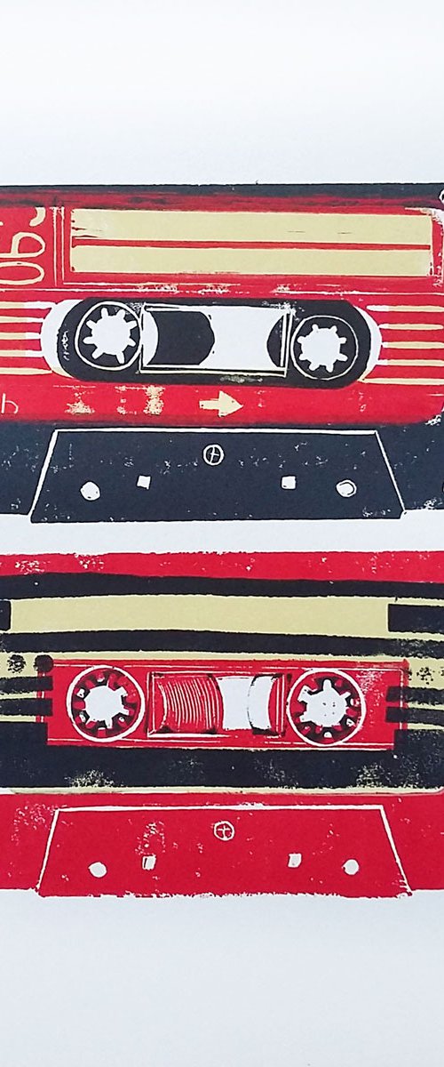 Linocut tapes duo #2 (cassette tapes, retro music, 70's, 80's rock culture) by Carolynne Coulson