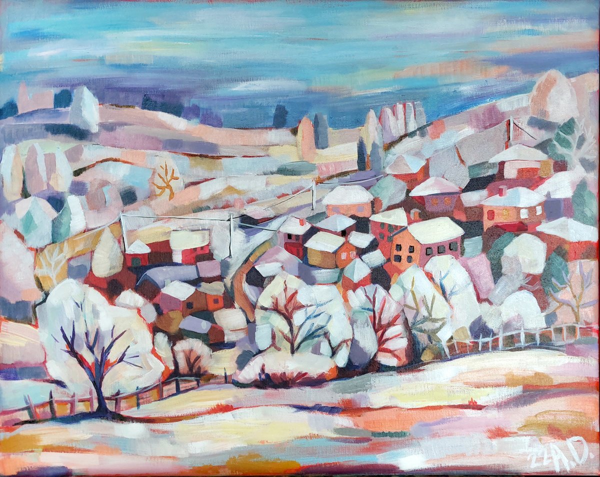 Winter village landscape by Angelina Doseva