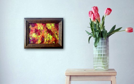 "Burning For You" - FREE SHIPPING to the USA - Original PMS Micro Painting On Glass, Framed - 9.5 x 7.5 inches