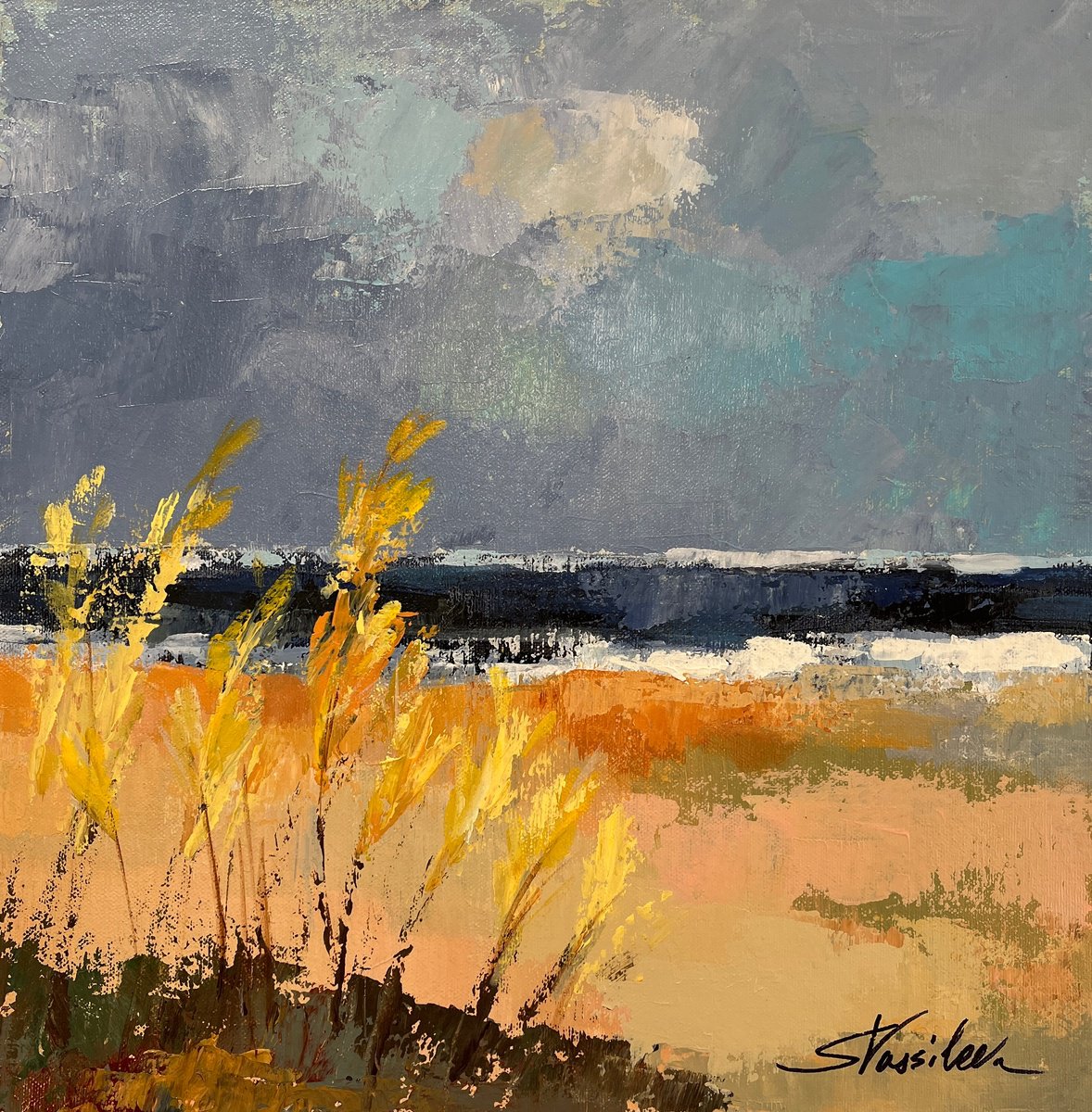 Expressive Landscape Acrylic Painting By Silvia Vassileva, 15 X 15", Seaside Ii, Original Artwork