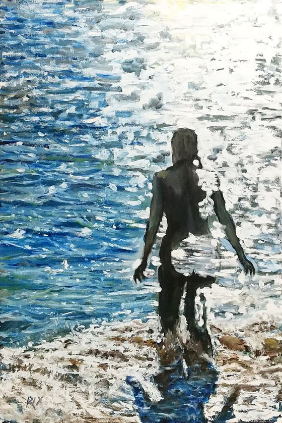 Sea Shades - figurative painting of a woman going into the sea in glare of sunlight