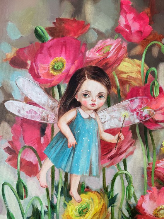 Whimsical flower Fairy canvas painting in oil, Pop surrealism art, Girl art