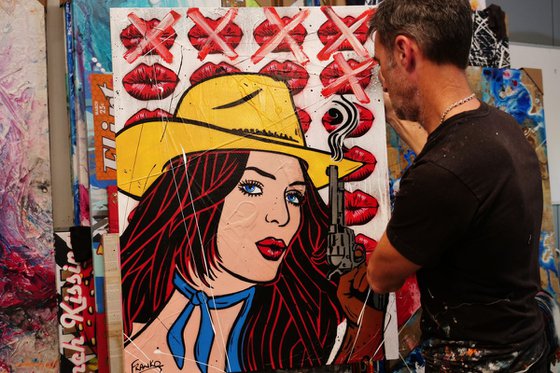 Pucker Up Cowboy 75cm x 100cm Cowgirl Textured Urban Pop Art