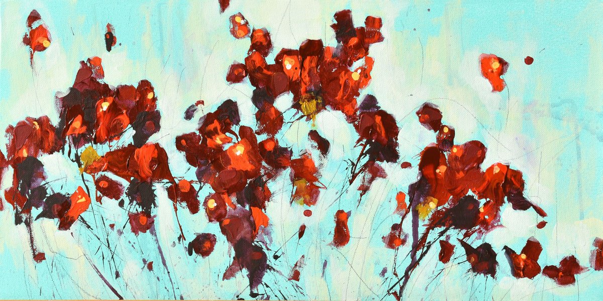 Abstract Landscape Acrylic Painting By Cynthia Ligeros, 20 X 10, Red Flowers In February, Original Artwork