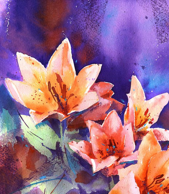 "Dance of the Lilies" - flowers on a contrasting background bright watercolor original artwork