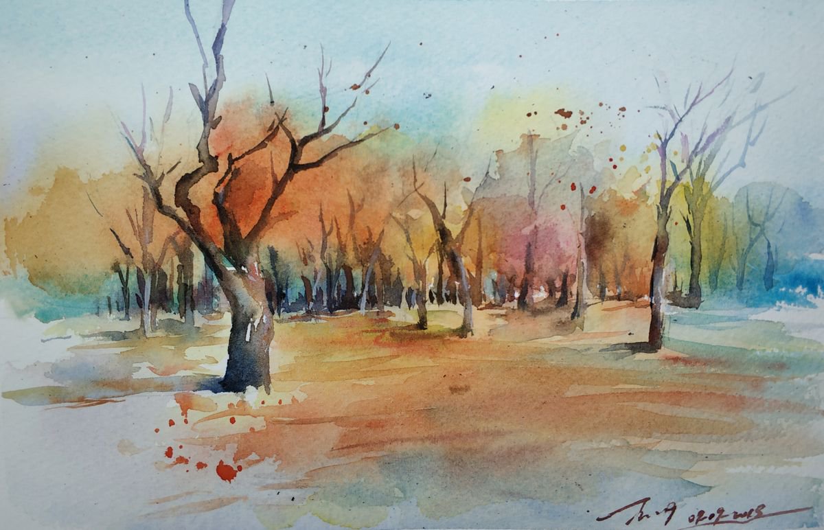 Impressionistic Landscape Watercolour By Jing Chen, 11 X 7, Autumn 7, Original Artwork