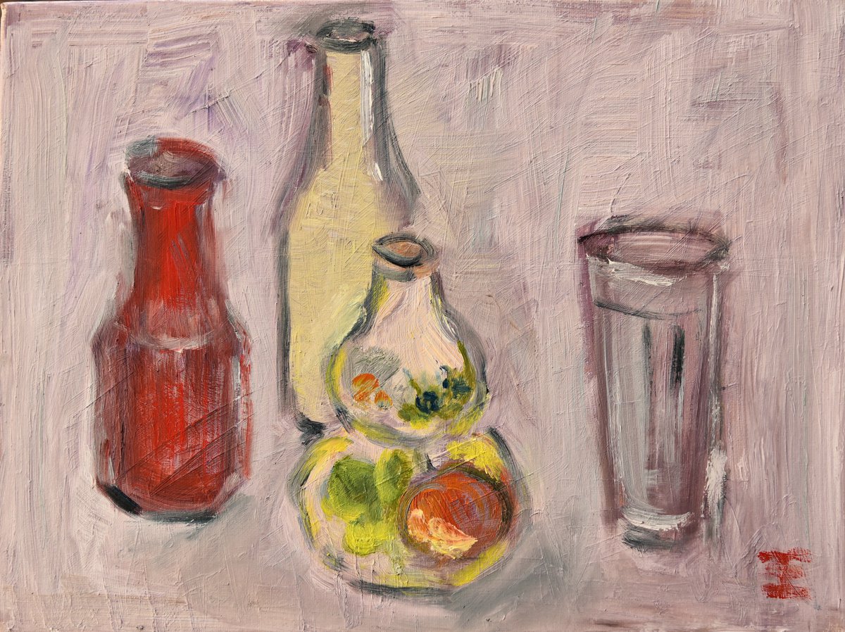 Still life with bottles and glass by Elena Zapassky