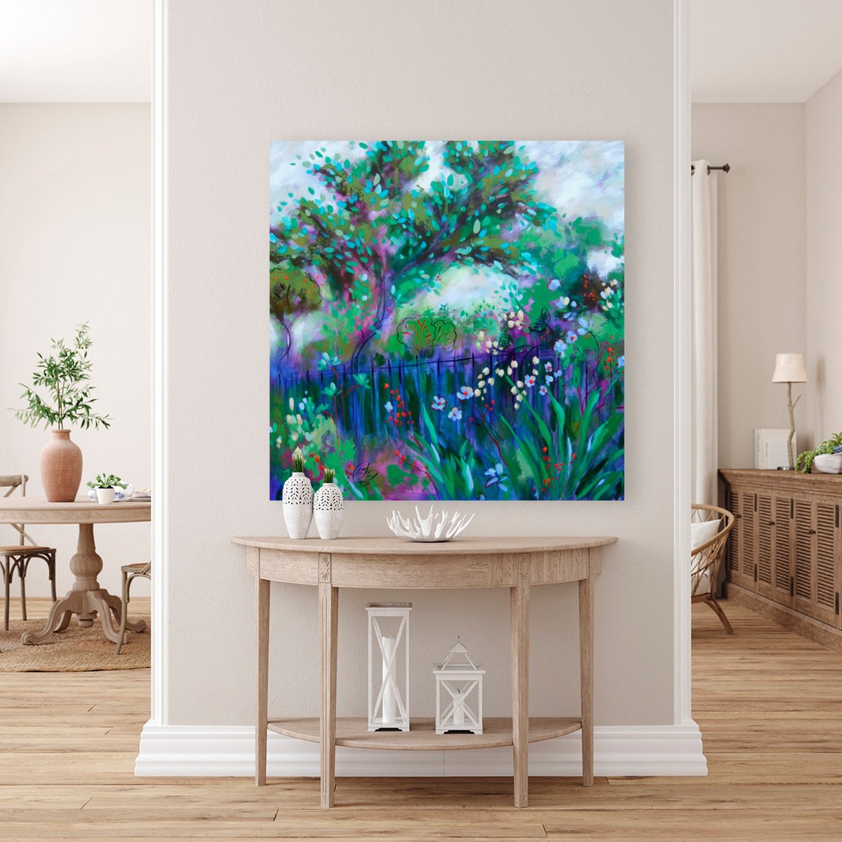 Impressionistic Landscape Acrylic Painting By Karen Rieger, 48 X 48", Evening Light, Original Artwork